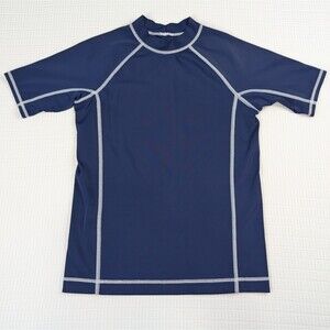 Lands End Little Boys Rash Guard Swim Shirt Large 7 Blue Short Sleeve UPF Surf